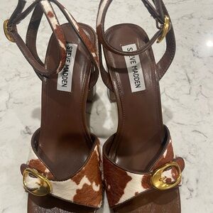 Steve Madden Brown and White Cowprint Block Heel Sandals